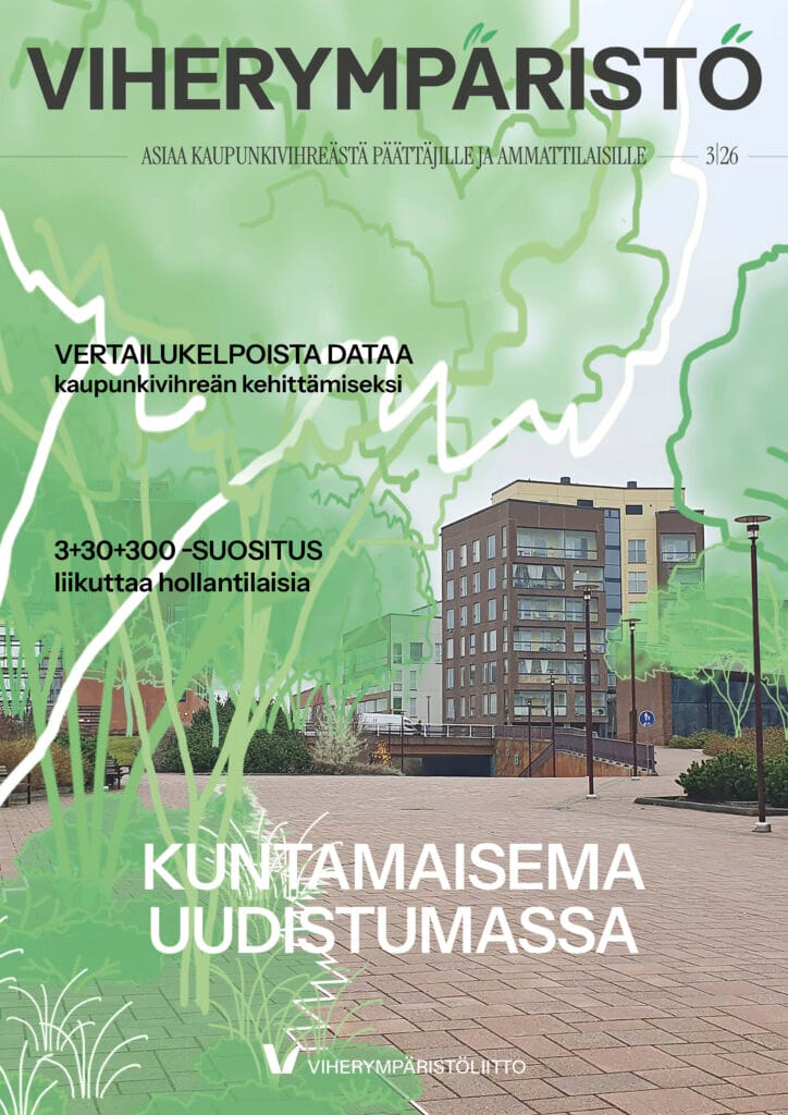 Lehden kannessa, jonka otsikko on ”VIHERNYMPÄRISTÖ”, on kuvattu kaupunkimaisema, jossa näkyy moderneja kerrostaloja ja vehreitä puita sekä tekstiä kaupunkien viheralueista ja kehityksestä. Vihreät graafiset elementit korostavat vihreyden teemaa. .